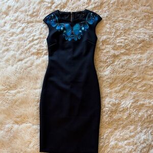 Ted Baker Black Midi Dress with Blue Embellishments